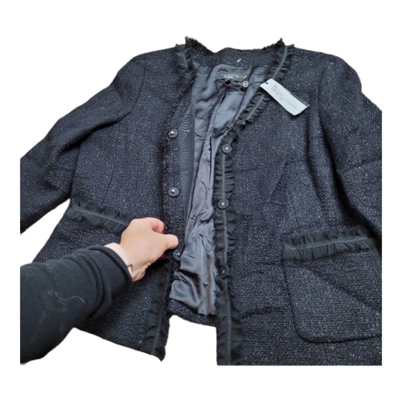 Talbots Tweed wool Boucle Jacket black sparkly lace ruffle fray trim Women's 12 - Picture 16 of 16